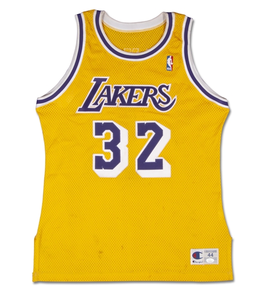 1990-91 GAME WORN AND AUTOGRAPHED MAGIC JOHNSON LOS ANGELES LAKERS HOME JERSEY (MEARS A10) (JSA COA)