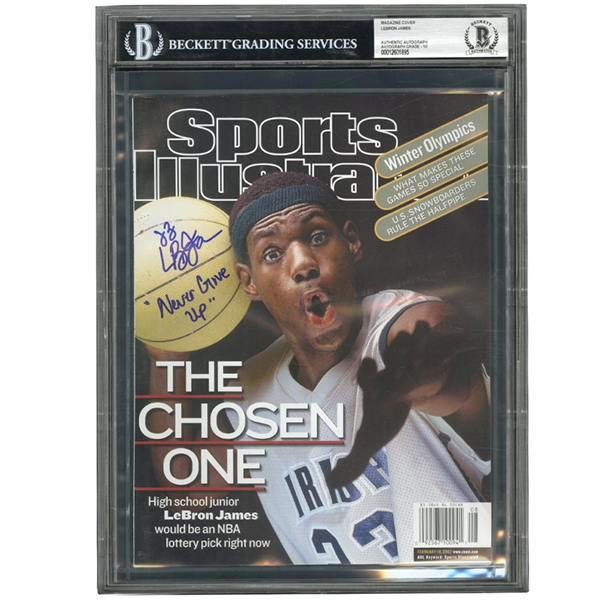 FEB 18, 2002 LEBRON JAMES SIGNED AND INSCRIBED "NEVER GIVE UP" SPORTS ILLUSTRATED COVER (BECKETT ENCAPSULATED)