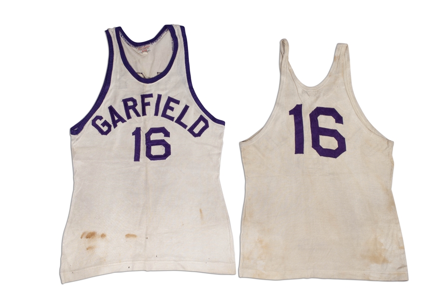 CLYDE LOVELLETTES C. 1946-48 GARFIELD HIGH SCHOOL (IND.) PAIR OF GAME WORN HOME JERSEYS - ONE W/ BLOOD STAINS! (LOVELLETTE COLLECTION)