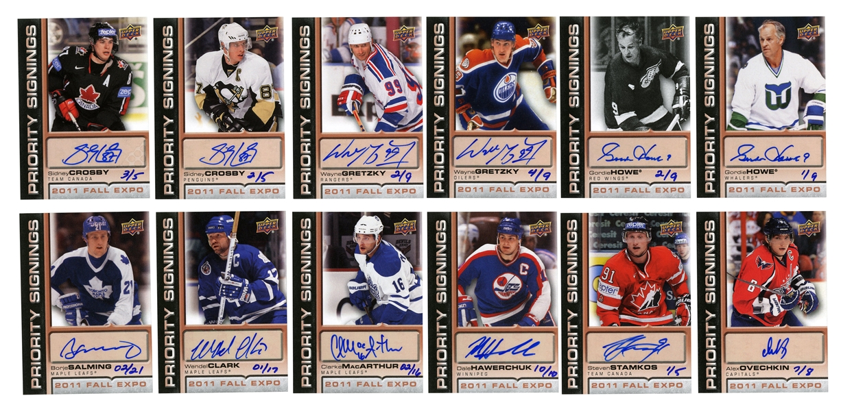 2011 GROUP OF (21) AUTOGRAPHED UPPER DECK FALL EXPO PRIORITY SIGNINGS CARDS INCL. GRETZKY, HOWE, OVECHKIN AND CROSBY