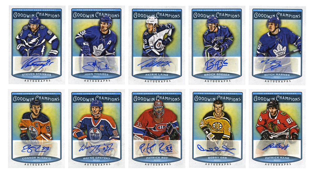 2018 GROUP OF (10) AUTOGRAPHED UPPER DECK DIAMOND DEALER GOODWIN CHAMPIONS PREVIEW HOCKEY CARDS INCL. GRETZKY, ORR AND KANE