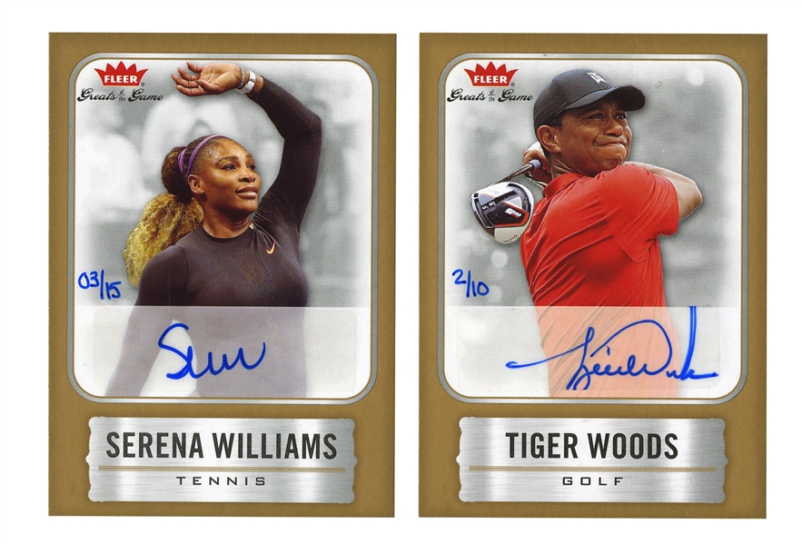 2020 PAIR OF AUTOGRAPHED UPPER DECK DIAMOND DEALER FLEER GREATS OF THE GAME CARDS - TIGER WOODS AND SERENA WILLIAMS