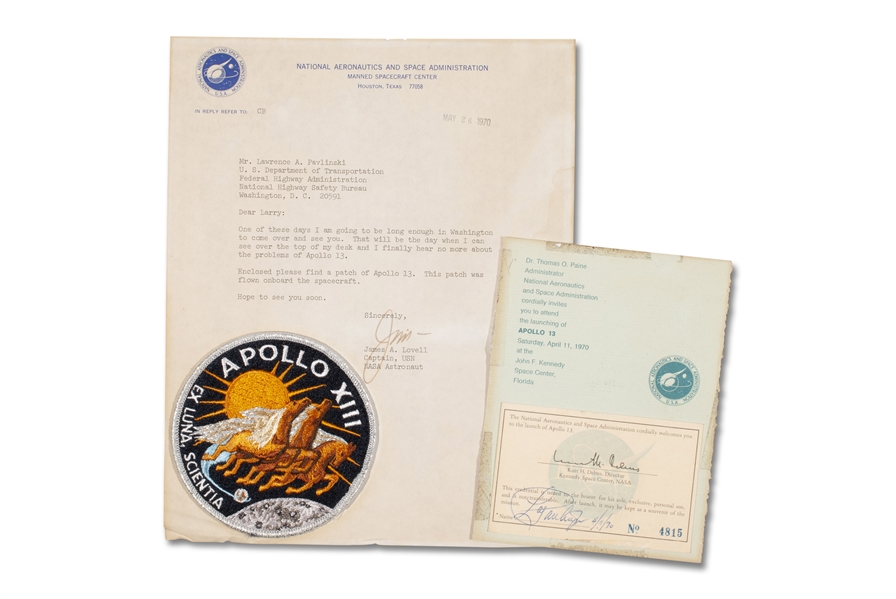 FLOWN ON APOLLO 13 EMLBELM CREW MISSION PATCH WITH LOVELL LOA & LAUNCH INVITATION