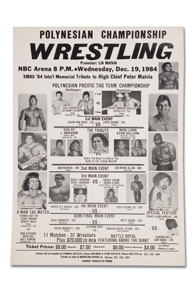 1984 PROFESSIONAL WRESTLING BROADSIDE WITH ANDRE THE GIANT, SUPER FLY SNUKA, & ROCKY JOHNSON - HISTORIC