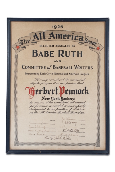 1926 ALL-AMERICA TEAM HERB PENNOCK CERTIFICATE INCL. INCREDIBLE GEO. H. "BABE" RUTH AUTOGRAPH - PENNOCK FAMILY PROVENANCE - BECKETT LOA