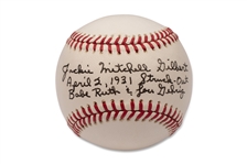 JACKIE MITCHELL GILBERT SIGNED AND INSCRIBED BASEBALL (STRUCK OUT BABE RUTH & LOU GEHRIG IN 1931 WHEN SHE WAS ONLY 17 YEARS OLD) (AL TAPPER COLLECTION) - PSA/DNA LOA