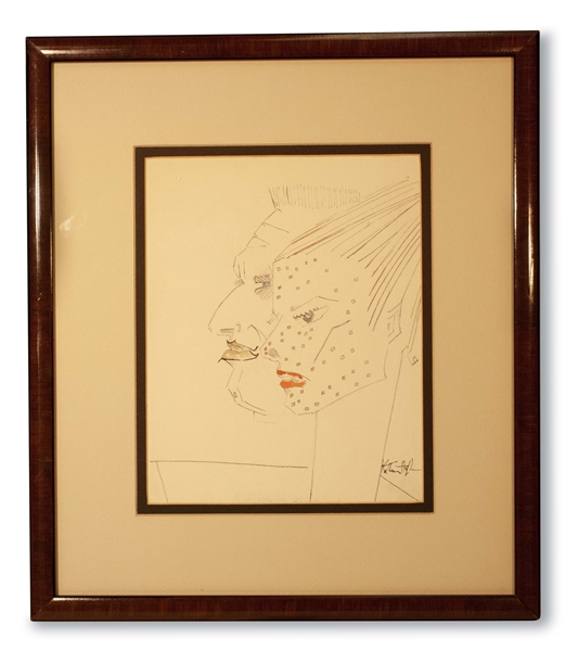 UNIQUE CIRCA 1960 KATHARINE HEPBURN SELF PORTRAIT WITH SPENCER TRACY - WATER COLOR AND INK ON PAPER ORIGINAL ARTWORK (AL TAPPER COLLECTION)