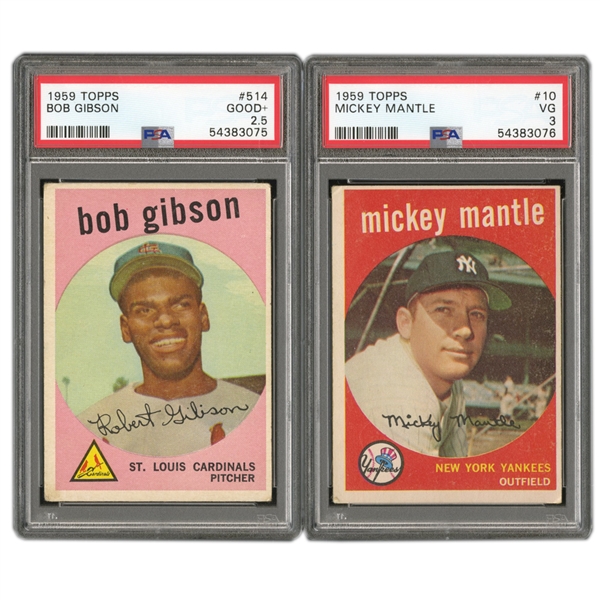 1959 TOPPS BASEBALL COMPLETE SET OF (572) WITH PSA GRADED #10 MICKEY MANTLE PSA VG 3 & #514 BOB GIBSON GD+ 2.5