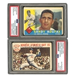 SHARP SANDY KOUFAX COMBO OF 1960 TOPPS #343 AND 1964 TOPPS #136 WORLD SERIES "KOUFAX STRIKES OUT 15" VINTAGE BALLPOINT AUTOGRAPHED CARDS (JACK ZIMMERMAN COLLECTION) - PSA/DNA