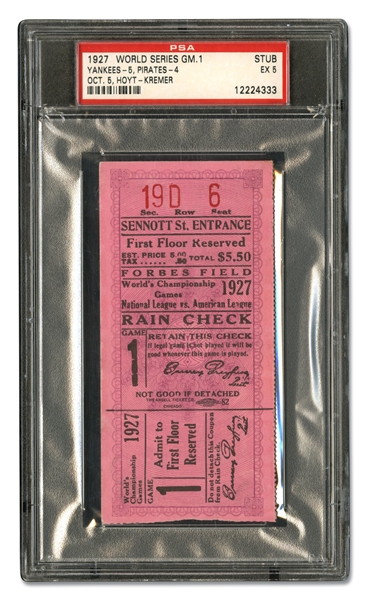 OCTOBER 5, 1927 WORLD SERIES GAME 1 TICKET STUB (NEW YORK YANKEES AT PITTSBURGH PIRATES) - PSA EX 5