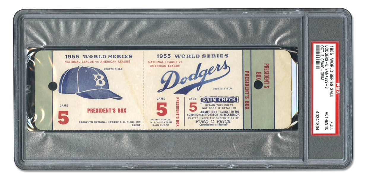 SCARCE OCTOBER 2, 1955 WORLD SERIES GAME 5 NEW YORK YANKEES AT BROOKLYN DODGERS - EBBETS FIELD - FULL PRESIDENTS BOX TICKET - PSA FULL AUTHENTIC