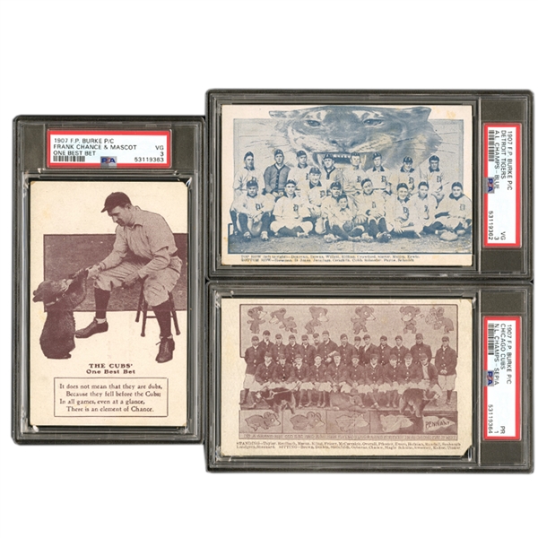 GROUP OF (3) 1907 BURKE POSTCARDS OF CUBS TEAM, TIGERS TEAM, FRANK CHANCE - ALL PSA GRADED