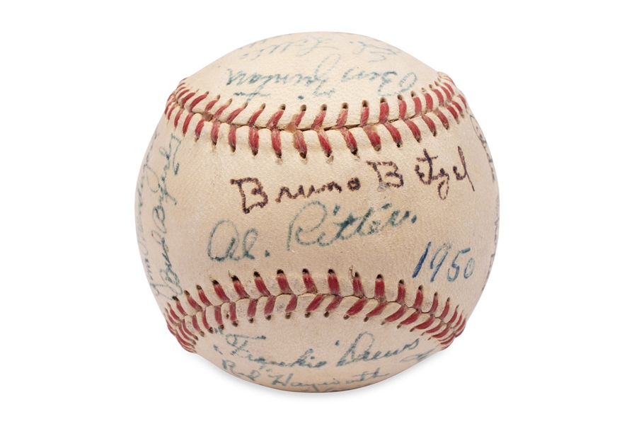 VINTAGE MINOR LEAGUE 1950 SYRACUSE CHIEFS INTL LEAGUE (AAA REDS AFFILIATE) TEAM SIGNED OFFICIAL INTL LEAGUE (SHAUGHNESSY) BASEBALL - BECKETT