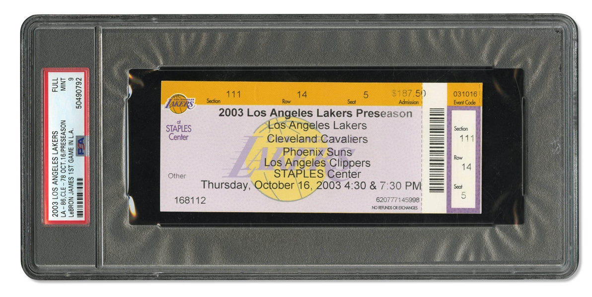 10/16/2003 LEBRON JAMES FIRST PRO GAME IN L.A. (CAVS VS. LAKERS AT STAPLES CENTER) PRESEASON FULL TICKET - PSA MINT 9