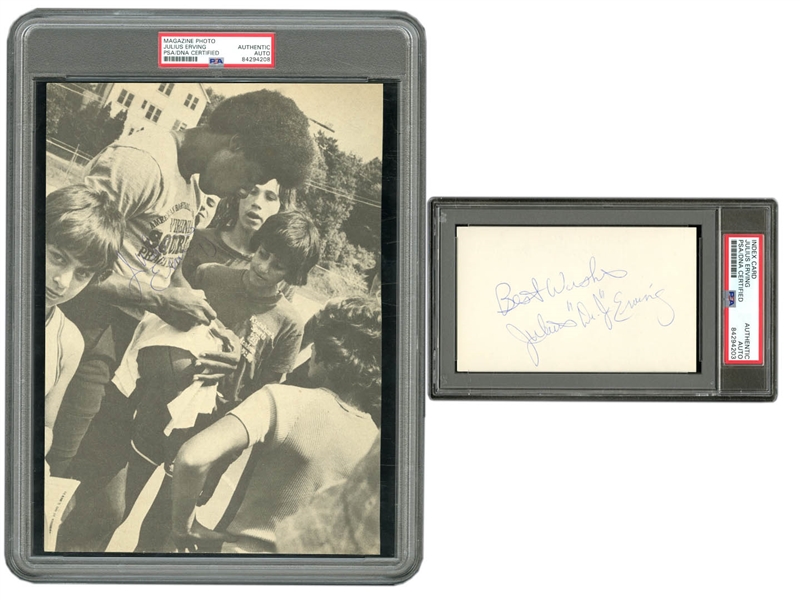 FRESH TO THE HOBBY JULIUS ERVING VIRGINIA SQUIRES ABA-ERA VINTAGE AUTOGRAPHED 8.5" X 11" "PLAYGROUND" PHOTO AND AUTOGRAPHED 3" X 5" INDEX CARD - (JACK ZIMMERMAN COLLECTION) - PSA/DNA