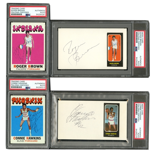 PAIR OF NYC BASKETBALL LEGENDS/RIVALS/HOFERS - SIGNED 1971 TOPPS #105 CONNIE HAWKINS TOPPS #225 ROGER BROWN AND 3" X 5" INDEX CARDS OF BOTH AFFIXED WITH THEIR RARE 1971 TOPPS STICKERS (JACK...
