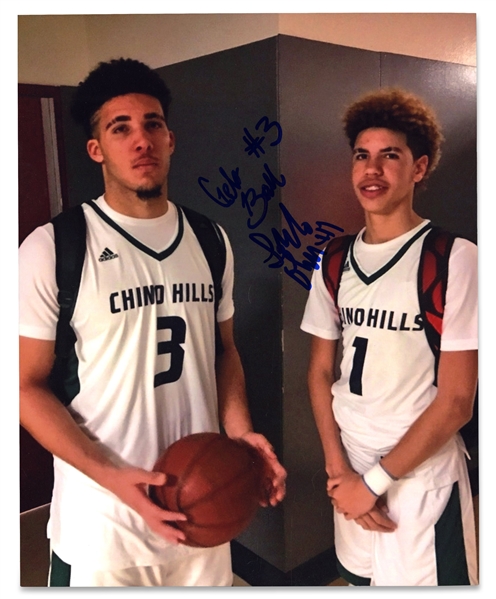 HIGH SCHOOL ERA LAMELO BALL AND LIANGELO BALL DUAL-SIGNED CHINO HILLS 8" X 10" PHOTO (TIM GALLAGHER COLLECTION) - BECKETT 10 AUTO
