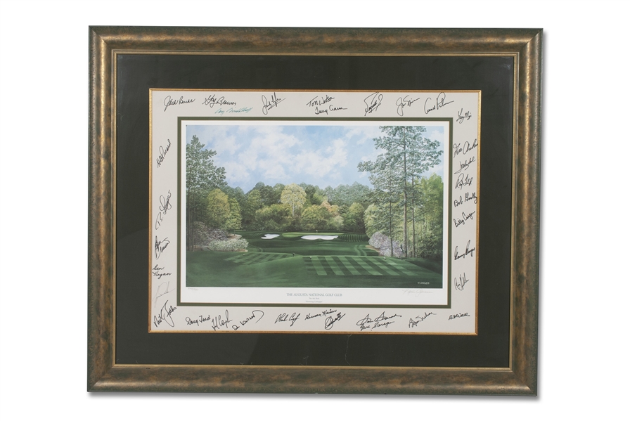 FRAMED "FLOWERING CRABAPPLE" LITHOGRAPH BY GOLF ARTIST, KATIE GARNER AUTOGRAPHED BY WOODS, PALMER, HOGAN, JACK BURKE AND 29 OTHER MASTERS WINNERS - PSA/DNA LOA