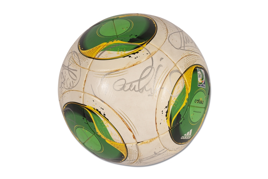 2013 MULTI-SIGNED BRAZIL CONFEDERATIONS CUP OFFICIAL GAME FOOTBALL WITH NEYMAR , ALVES AND MORE - BALL USED DURING TRAINING (BRAZIL TECHNICAL COORDINATOR LOA) - BECKETT LOA