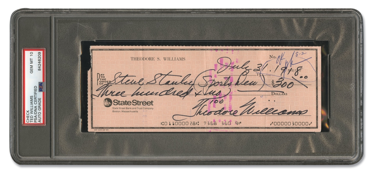 JULY 31, 1981 TED WILLIAMS SIGNED BANK CHECK MADE OUT TO STEVE STANLEY SPORTS DEN (ERRONEOUSLY DATED "1918") - PSA/DNA GEM MINT 10