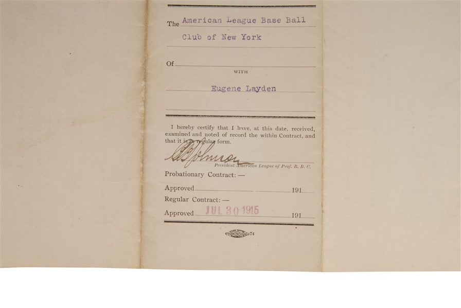 1915 BAN JOHNSON AND JACOB RUPPERT AUTOGRAPHED NEW YORK YANKEES PLAYERS CONTRACT - JSA