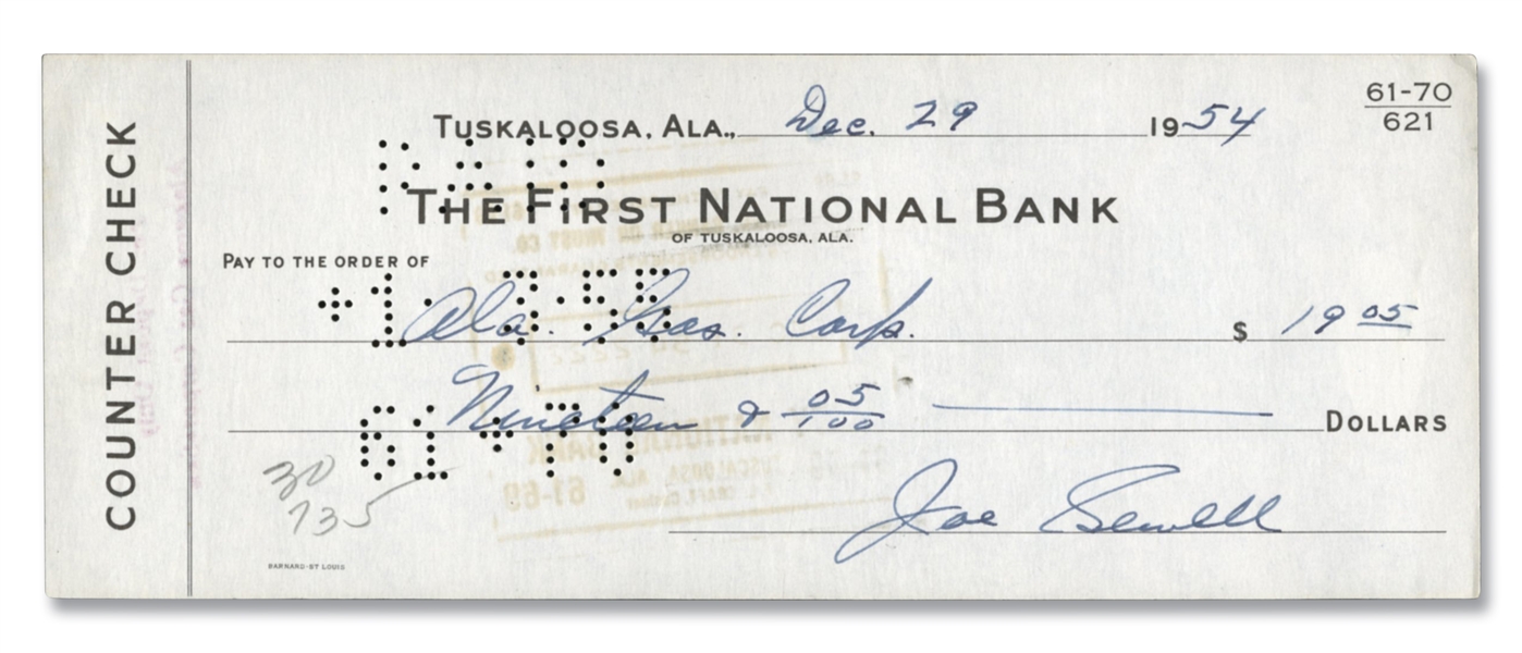 DECEMBER 29, 1954 NEW YORK YANKEE HOFER JOE SEWELL SIGNED BANK CHECK - BECKETT COA