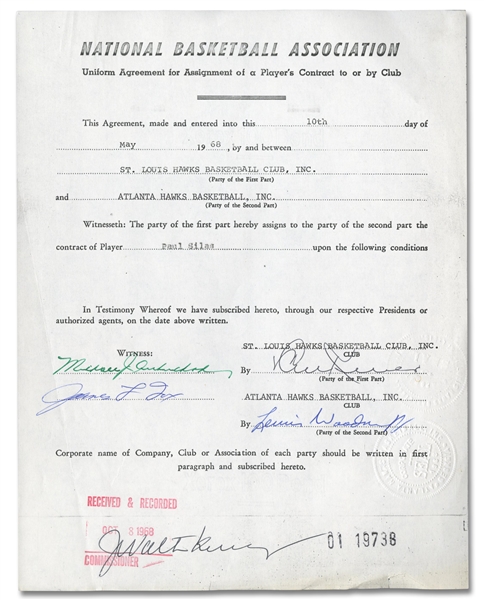 THE FOUNDING DOCUMENTS OF PLAYERS FOR THE ATLANTA HAWKS (8) SIGNED BY BEN KERNER & J. WALTER KENNEDY - BECKETT PRE-CERTIFIED