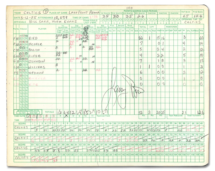 3/12/1985 CELTICS VS. HAWKS OFFICIAL SCORERS SHEET AUTOGRAPHED BY LARRY BIRD - HIS ONLY 60 POINT GAME & TIED FOR HIGHEST SCORING GAME IN CELTICS HISTORY - BECKETT