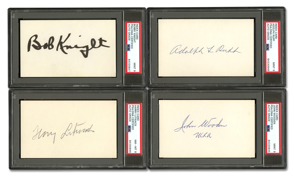 GROUP OF (4) BASKETBALL HOF COACHING LEGENDS AUTOGRAPHED 3" X 5" INDEX CARDS - ADOLPH RUPP (KENTUCKY), BOB KNIGHT (INDIANA), JOHN WOODEN (UCLA), HARRY LITWACK (TEMPLE) - (J. ZIMMERMAN COLLECTION) 