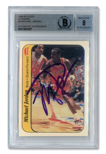 HIGHLY DESIRABLE AND BOLDLY SIGNED 1986 FLEER STICKERS #8 MICHAEL JORDAN ROOKIE - BAS 8