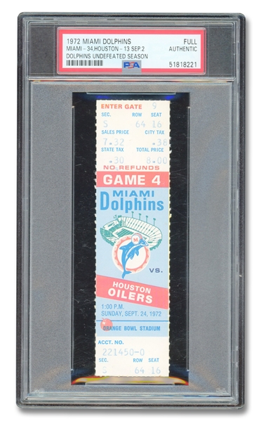 RARE SEPTEMBER 24, 1972 MIAMI DOLPHINS UNDEFEATED SEASON FULL UNUSED TICKET (OILERS VS DOLPHINS) - PSA POP OF 2