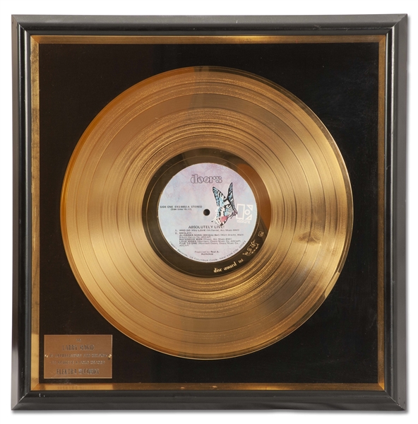 1970 THE DOORS "ABSOLUTELY LIVE" GOLD RECORD DISPLAY PRESENTED TO LARRY MAGID