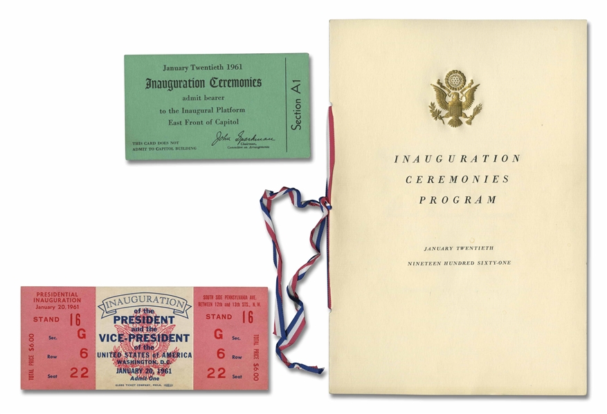 1/20/1961 JOHN F. KENNEDY PRESIDENTIAL INAUGUARATION HARD-COVER PROGRAM (COPY #720 ISSUED TO ALFRED NOVACEK), PLUS CEREMONIES PROGRAM AND TICKETS TO BOTH EVENTS