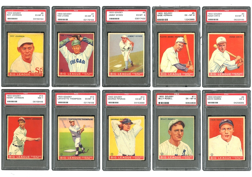 1933 GOUDEY STARTER SET OF (57) LOW NUMBERS SPANNING FROM #3 THRU #77 - ALL PSA GRADED - MOSTLY EX-MT 6, NM 7 & TWO EX 5