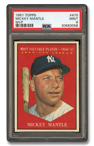1961 TOPPS #475 MICKEY MANTLE MVP - PSA MINT 9 - ONLY ONE GRADED HIGHER