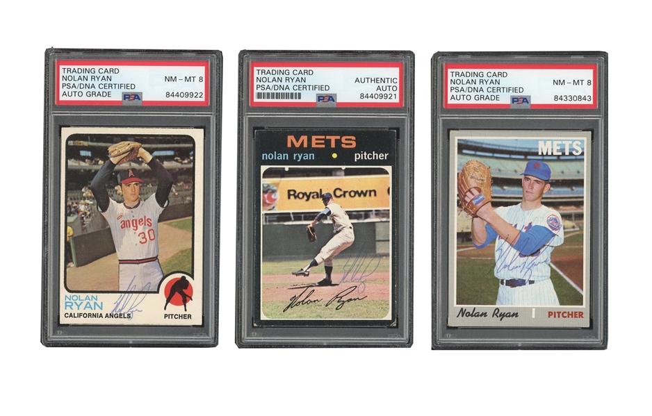 TRIO OF TOPPS NOLAN RYAN SIGNED BASEBALL CARDS (1) 1970 TOPPS #712 - HIGH # - (PSA/DNA AUTO NM-MT 8), (1) 1971 #513 (PSA/DNA AUTH), (1) 1973 TOPPS #220 (PSA/DNA NM-MT 8) 