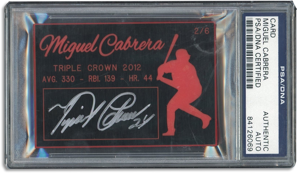 MIGUEL CABRERA BOLDLY AUTOGRAPHED 2012 TRIPLE CROWN CARD - PSA/DNA AUTHENTIC