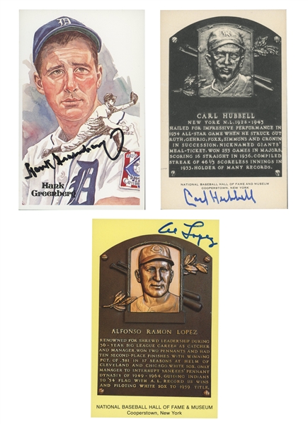 GROUP OF (3) POSTCARDS AUTOGRAPHED BY AL LOPEZ, CARL HUBBELL AND HANK GREENBERG - BECKETT PRE-CERTIFIED