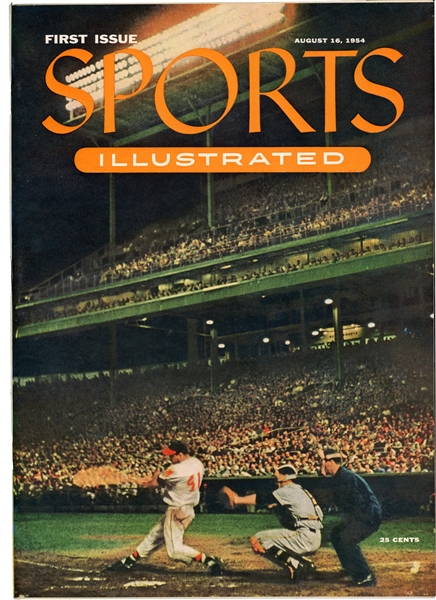 PRISTINE COPY OF AUGUST 16, 1954 INAUGURAL ISSUE SPORTS ILLUSTRATED - EDDIE MATHEWS COVER - BASEBALL CARDS UNCUT SHEET INSERT INTACT INCL. JACKIE ROBINSON, WILLIE MAYS, TED WILLIAMS