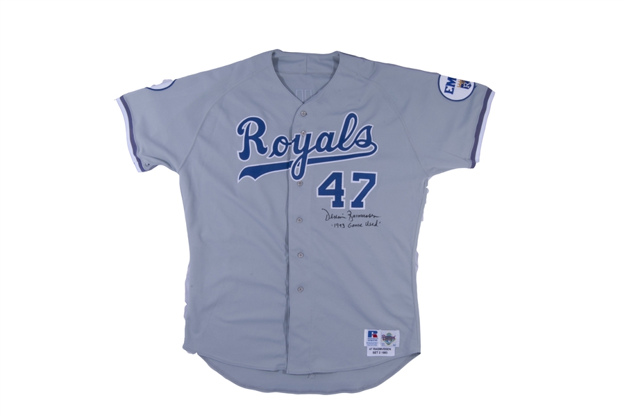 1993 DENNIS RASMUSSEN KANSAS CITY ROYALS SIGNED GAME WORN ROAD JERSEY WITH ROYALS 25TH ANNIVERSARY SLEEVE PATCH & EMK (FOUNDING OWNER EWING KAUFMAN) TRIBUTE PATCH - BECKETT COA/RASMUSSEN LETTER