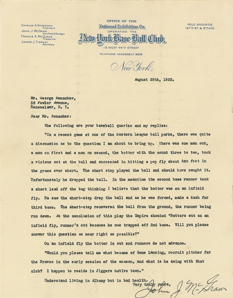 AUGUST 28, 1923 JOHN MCGRAW TYPED LETTER SIGNED ON NEW YORK GIANTS LETTERHEAD WITH BASEBALL RULES CONTENT - PSA/DNA LOA