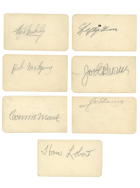 GROUP OF (7) AUTOGRAPHED INDEX CARDS INCL. CONNIE MACK & JOE DIMAGGIO FROM PHILADELPHIAS SPORTS WRITERS ASSOC. DINNER IN 1942 - BECKETT PRE-CERTIFIED