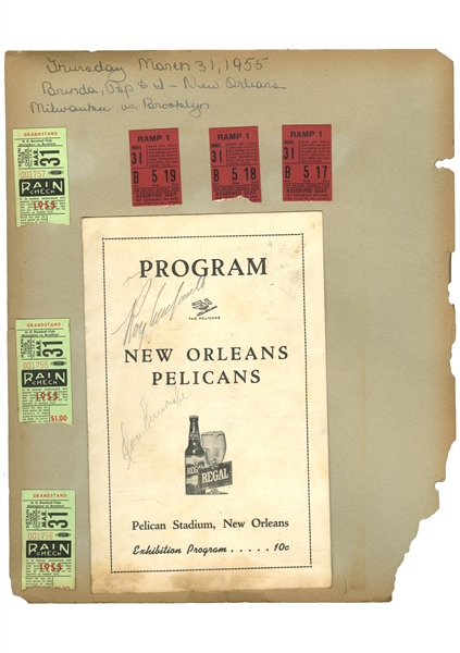 UNIQUE MARCH 31, 1955 BROOKLYN DODGERS (55 WS CHAMPS!) VS. MILW BRAVES EXHIBITION GAME PROGRAM - PELICAN STADIUM NEW ORLEANS - SHARPLY SIGNED BY COLOR BARRIER PIONEERS CAMPANELLA, NEWCOMBE - BECKETT