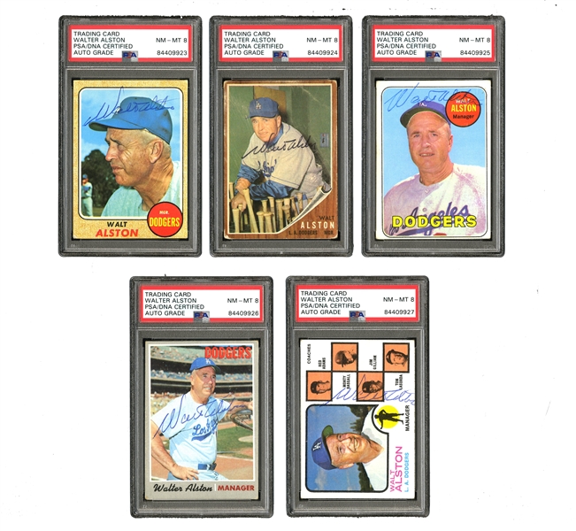 WALTER ALSTON (d. 84) L.A. DODGERS  MANAGER - GROUP OF (5) SIGNED TOPPS BASEBALL CARDS - 1962 #217, 1968 #472, 1969 #24, 1970 # 242, 1973 #569 - ALL PSA/DNA ENCAPSULATED