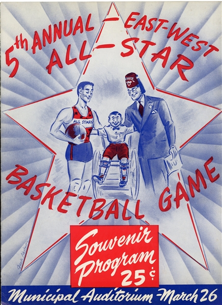 1956 COLLEGE BASKETBALL EAST WEST ALL-STAR GAME PROGRAM SIGNED BY BILL RUSSELL, WILT CHAMBERLAIN, AND KC JONES - BECKETT
