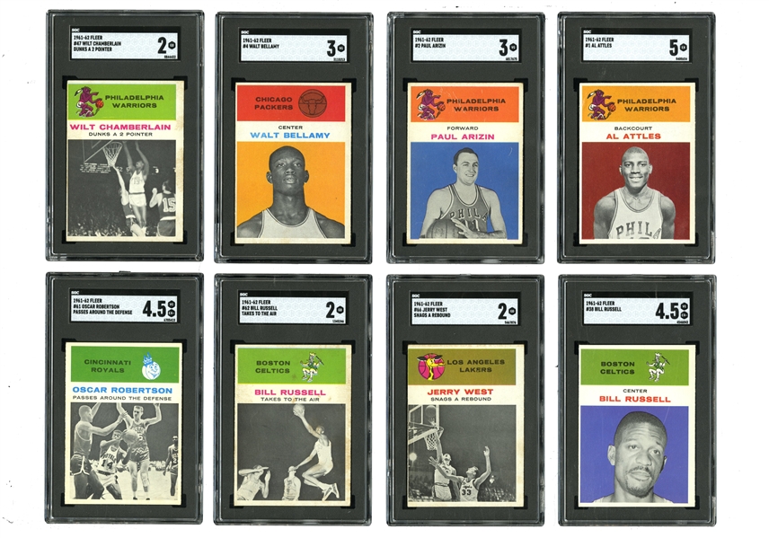 1961 FLEER BASKETBALL COMPLETE SET OF (66) WITH (12) SGC GRADED HOFERS - INCLUDES #8 WILT CHAMBERLAIN SGC 2.5, #43 JERRY WEST SGC 4.5, #3 BAYLOR SGC 5 & #36 O. ROBERSTON SGC 3