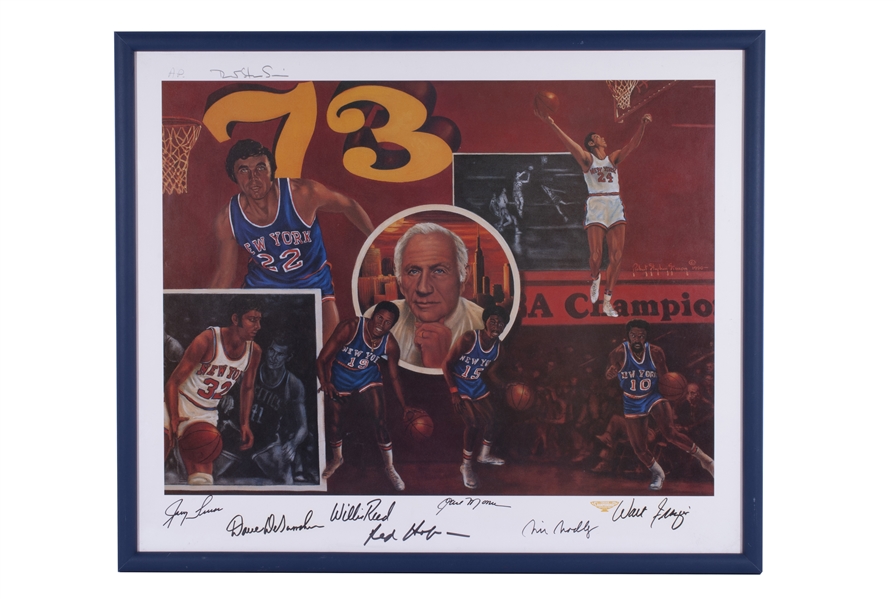 SUPERB 1973 NBA CHAMPS NEW YORK KNICKS ARTISTS PROOF 20.5" X 30.5" LITHOGRAPH SIGNED BY HOF GROUP OF FRAZIER, REED, MONROE, DEBUSSCHERE, BRADLEY, LUCAS, HOLZMAN - BECKETT LOA