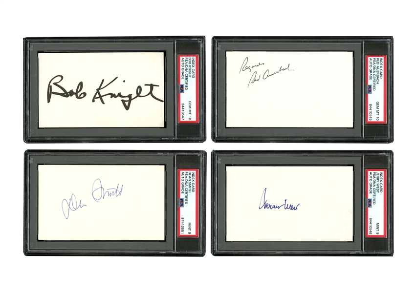 HIGH GRADE GROUP OF (6) HOF BASKETBALL VINTAGE SIGNED 3" X 5" INDEX CARDS - PSA/DNA - JERRY WEST, PAT RILEY, DEAN SMITH (d. 15), RED AUERBACH (d. 06), BOB KNIGHT, ROGER BROWN (Pacers, d. 97)