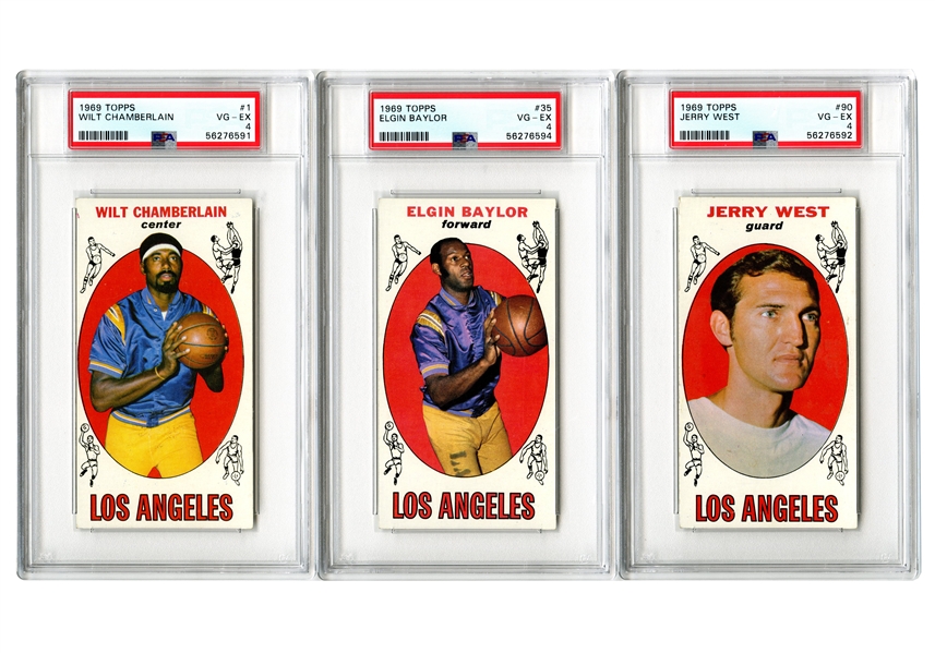 1969 TOPPS BASKETBALL CARDS TRIO OF LAKERS LEGENDS #1 WILT CHAMBERLAIN, #35 ELGIN BAYLOR & #60 JERRY WEST - EACH PSA VG-EX 4