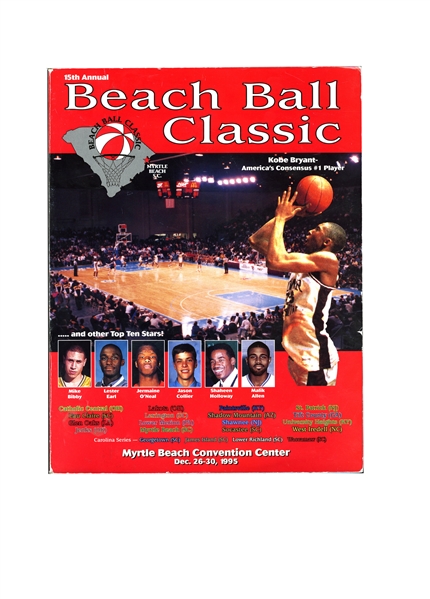 1995 AUTOGRAPHED BEACH BALL CLASSIC PROGRAM INCL. KOBE BRYANT, JERMAINE ONEAL, MIKE BIBBY, & MORE - BECKETT LOA